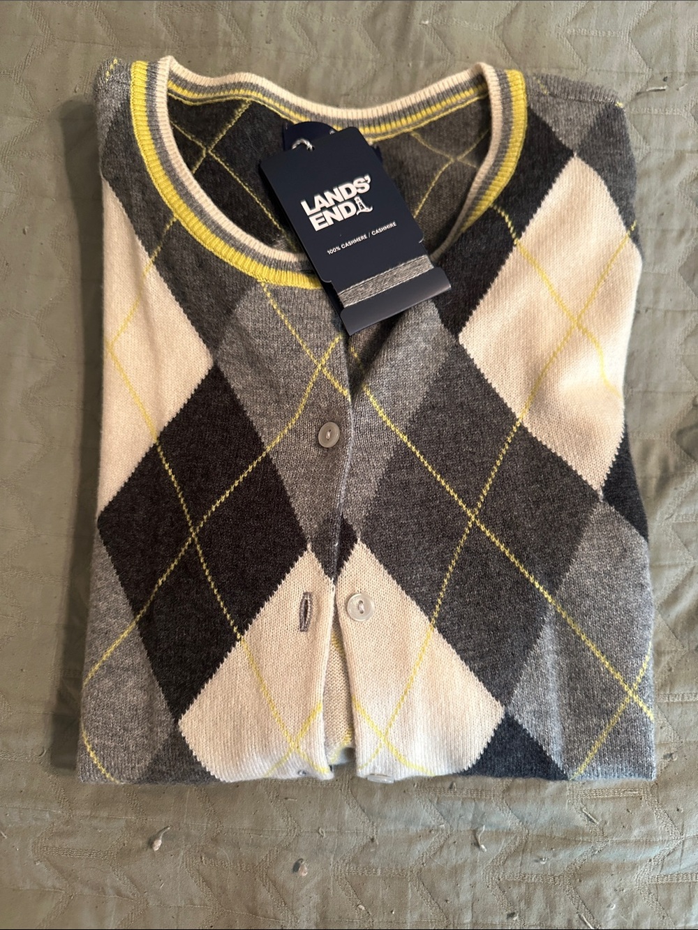 Lands' End Gray, 100% Cashmere Argyle Sweater Cardigan